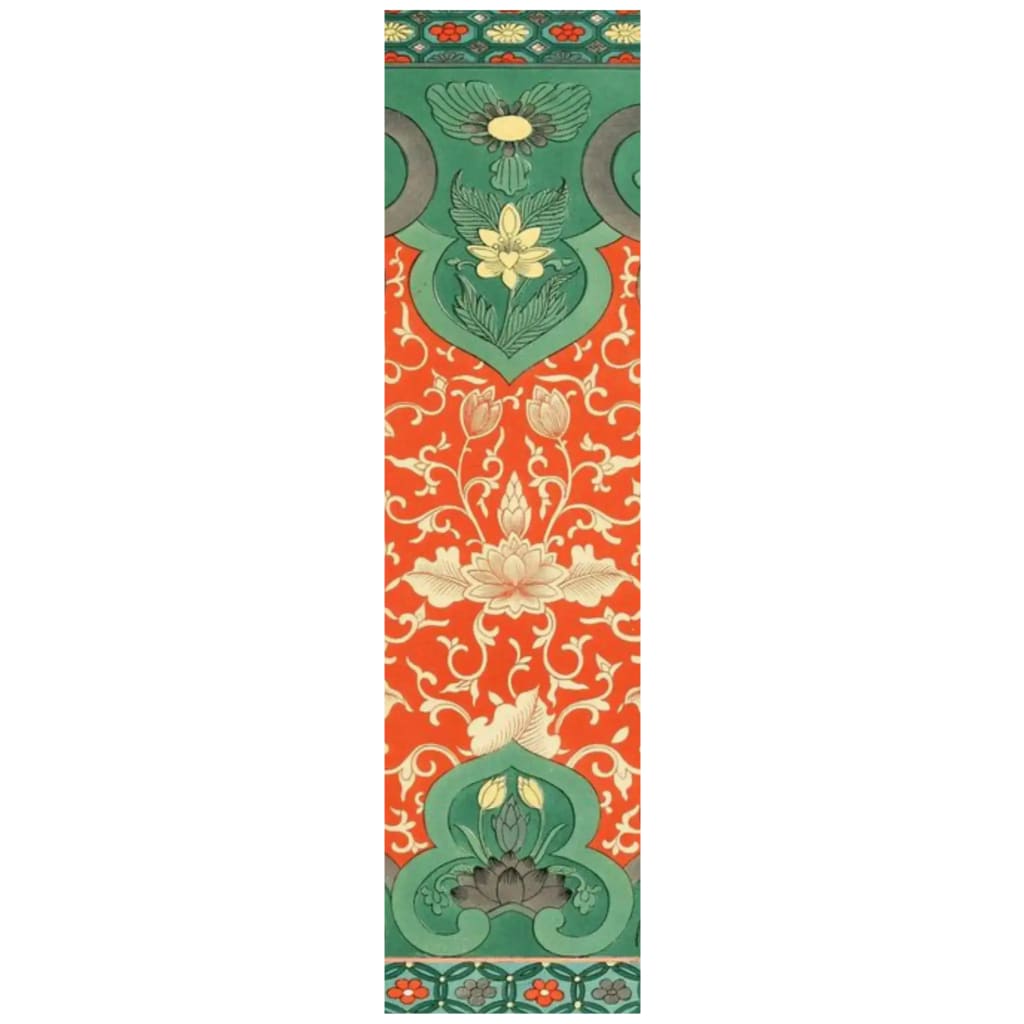 A vibrant wool area rug showcasing an intricate floral design with lotus motifs in green and orange tones, perfect for large living room or bedroom spaces. This vintage-inspired rug adds a touch of elegance to any living room or as a statement piece in rugs for bedroom.