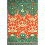 A beautifully designed Lotus in the Field hand tufted wool area rug featuring intricate floral patterns in vibrant reds and greens. Ideal for large living rooms or bedrooms, this vintage rug adds a touch of elegance to any space.