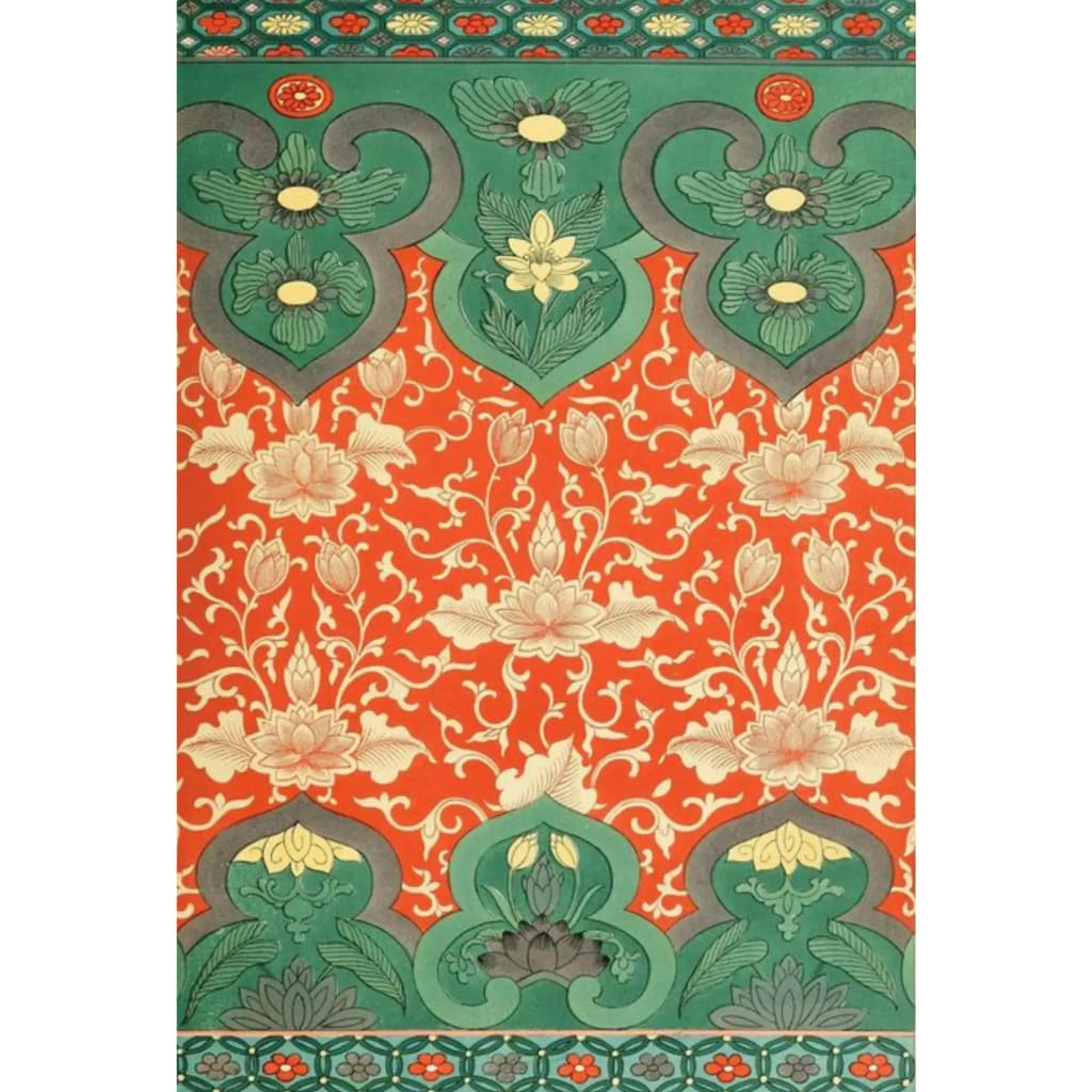 A beautifully designed Lotus in the Field hand tufted wool area rug featuring intricate floral patterns in vibrant reds and greens. Ideal for large living rooms or bedrooms, this vintage rug adds a touch of elegance to any space.