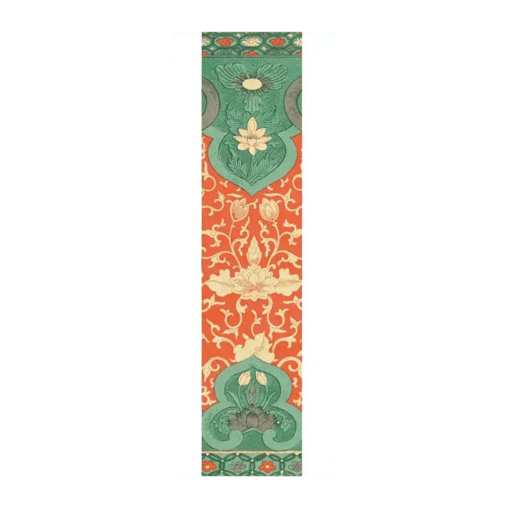 The Lotus in the Pond Hand Tufted Area Rug features an intricate design with lotus flowers and abstract patterns in vibrant orange and green hues. Ideal for enhancing the aesthetic of dining rooms, offices, or living areas, this wool rug adds elegance to any space.