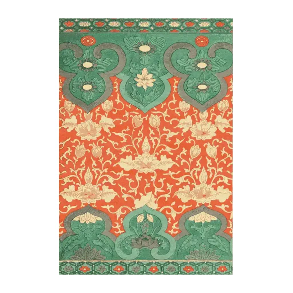 The 'Lotus in the Pond Hand Tufted Rug' showcases an intricate design with vibrant floral patterns in shades of orange and green. This area rug is perfect for adding a touch of elegance to your dining room, office, or living room. Made from high-quality wool, it is an ideal choice for those seeking beautiful and durable rugs for office or dining spaces.