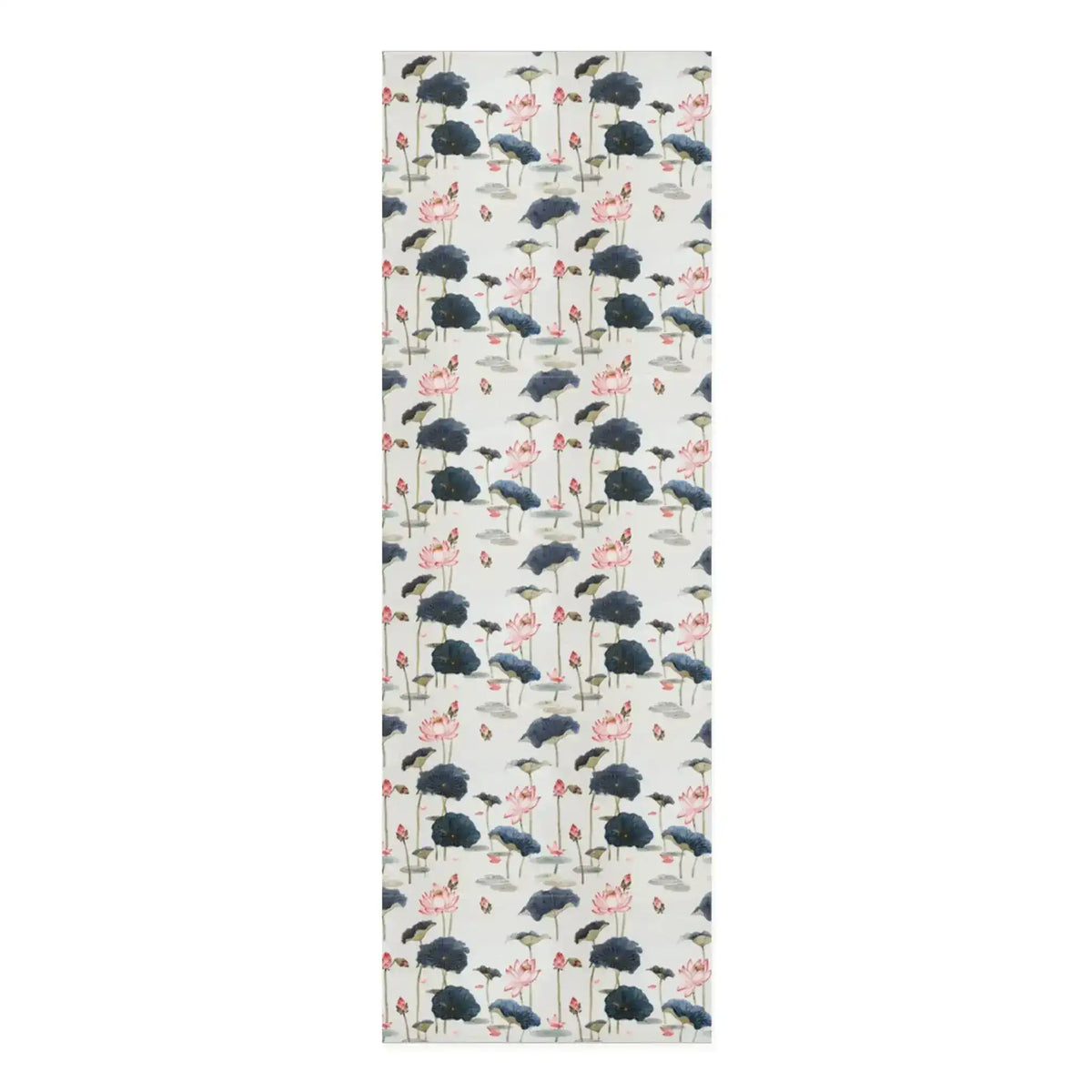 Lotus Reflection yoga mat, watercolor pink lotus blooms and navy lily pads scattered on cream