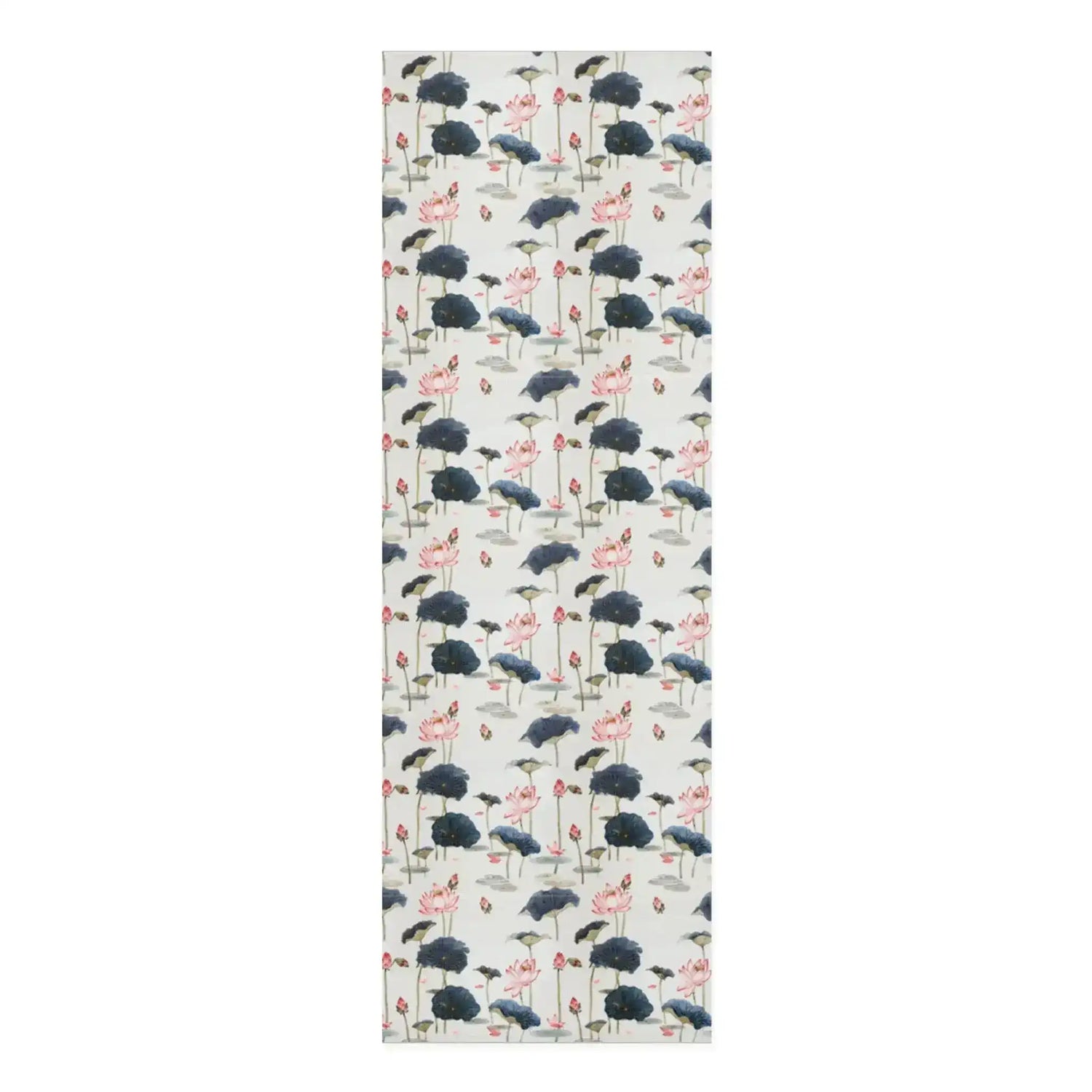 Lotus Reflection yoga mat, watercolor pink lotus blooms and navy lily pads scattered on cream