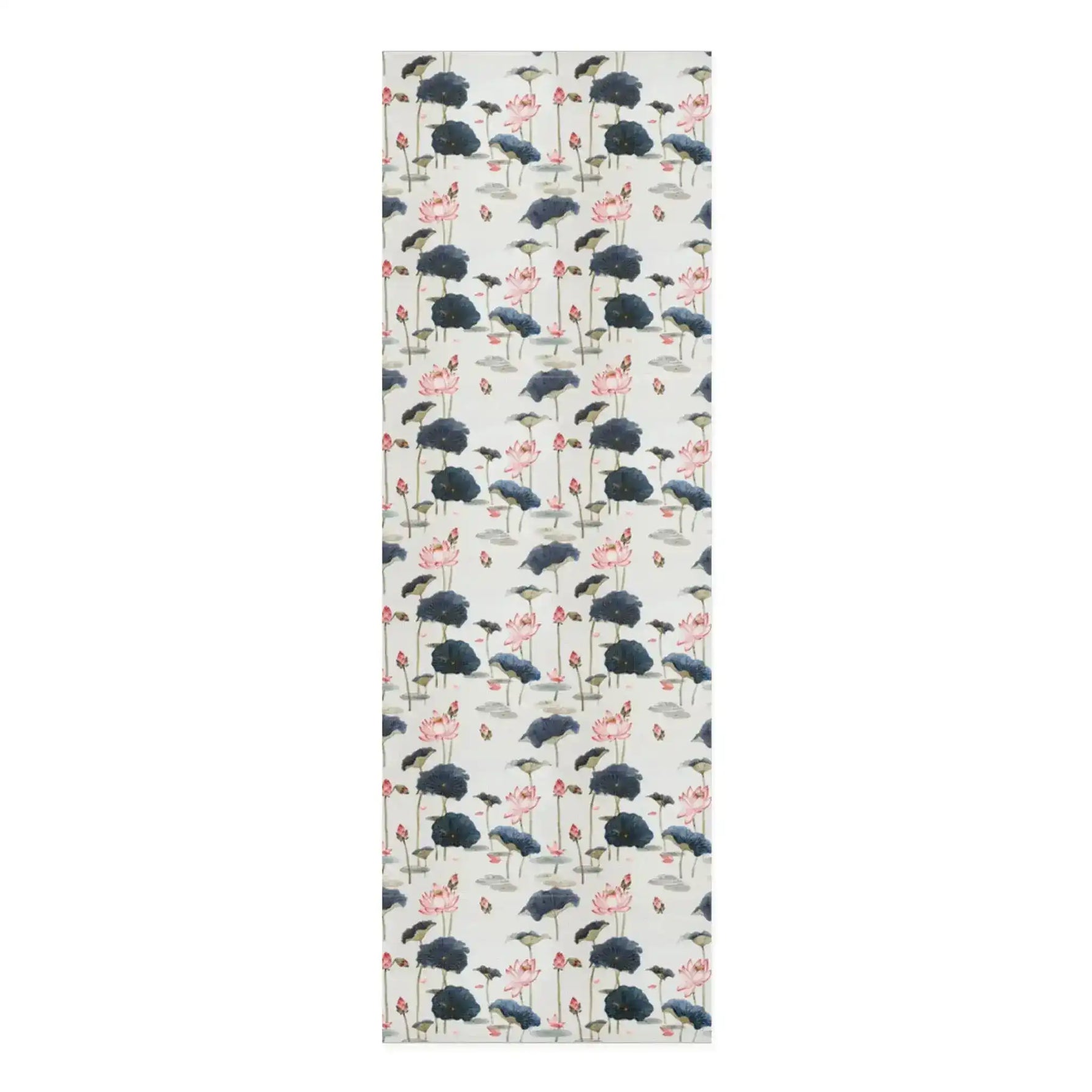 Lotus Reflection yoga mat, watercolor pink lotus blooms and navy lily pads scattered on cream