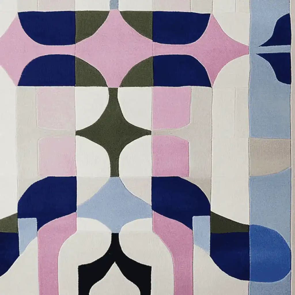 This vibrant area rug features a captivating abstract geometric design in shades of pink, blue, green, and white. Perfect for adding a touch of modern flair to your living room, this contemporary wool rug is both stylish and functional, measuring 8x10. Ideal for those seeking living room area rugs that offer both comfort and a bold visual statement.