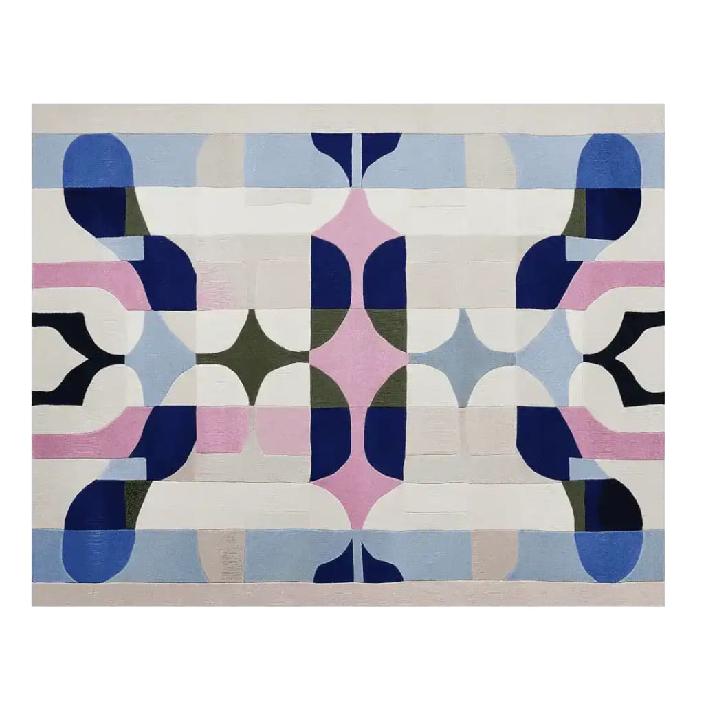 A stunning hand-tufted area rug featuring a bold geometric design with blue, pink, and green abstract shapes. This contemporary wool rug adds a vibrant touch to any living room. Perfect for those seeking living room area rugs in an 8x10 size.