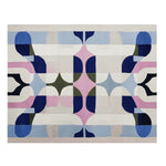A stunning hand-tufted area rug featuring a bold geometric design with blue, pink, and green abstract shapes. This contemporary wool rug adds a vibrant touch to any living room. Perfect for those seeking living room area rugs in an 8x10 size.