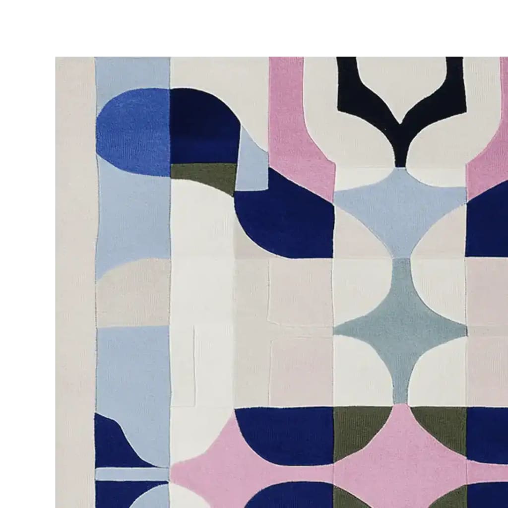 Top view of the Loud Geometry Archive Hand Tufted Rug, showcasing a vibrant abstract design. This contemporary area rug features a mix of bold colors like blue, pink, and green, making it a perfect wool rug for modern living room decor. Ideal for those seeking living room area rugs in an 8x10 size.