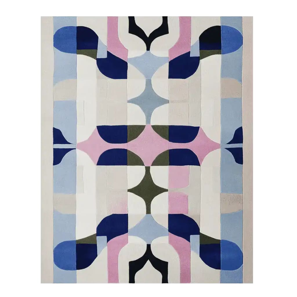 Top view of the Loud Geometry Archive Hand Tufted Rug, showcasing a striking abstract design with bold geometric shapes in shades of blue, pink, and green. Perfect as a contemporary area rug for a stylish living room, this wool rug enhances the space with its vibrant patterns. Ideal for those seeking living room area rugs, this 8x10 rug adds a modern touch.