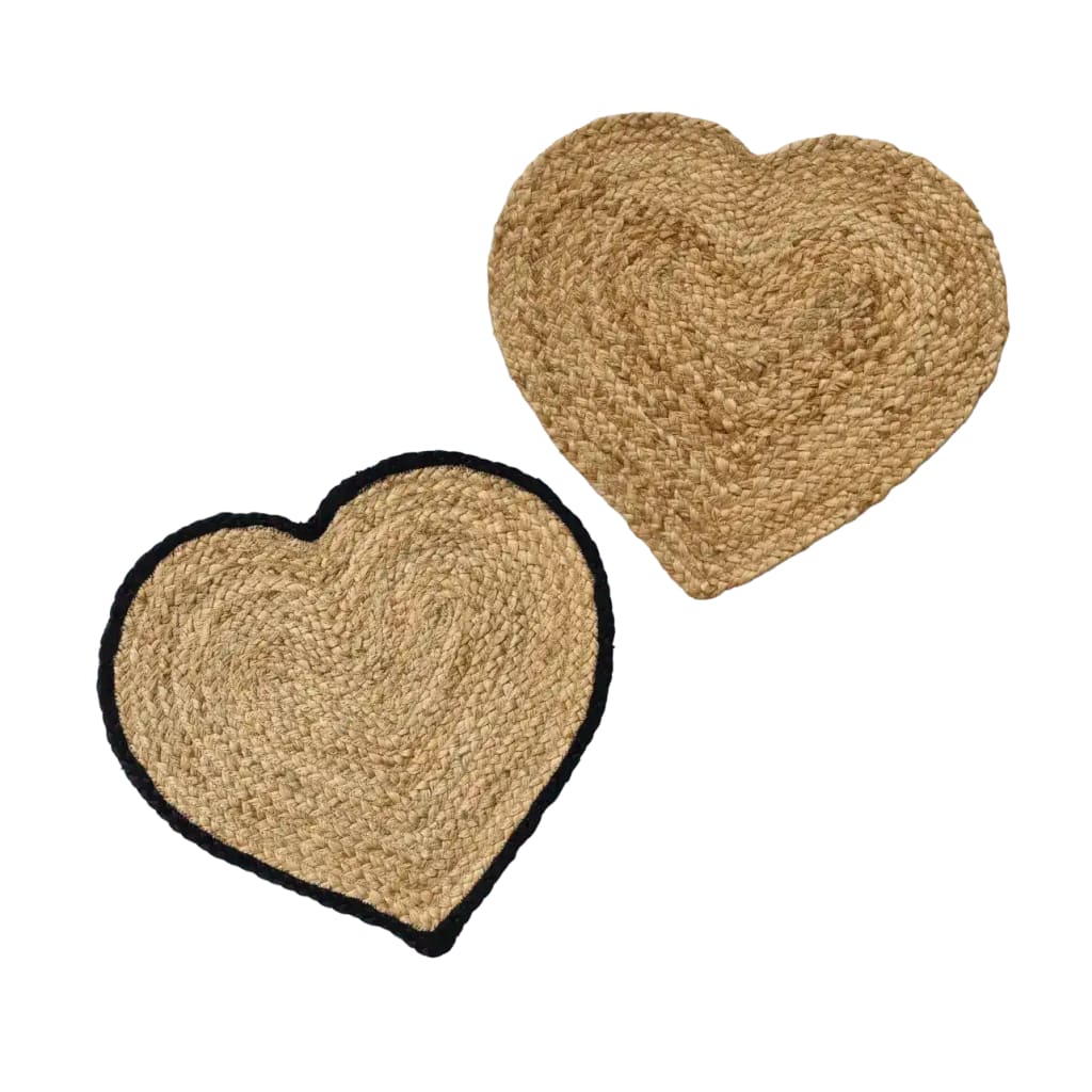 Heart-shaped jute area rugs perfect for a dining room setting. These round rugs feature a natural woven texture, ideal as dining room carpets or large area rugs.