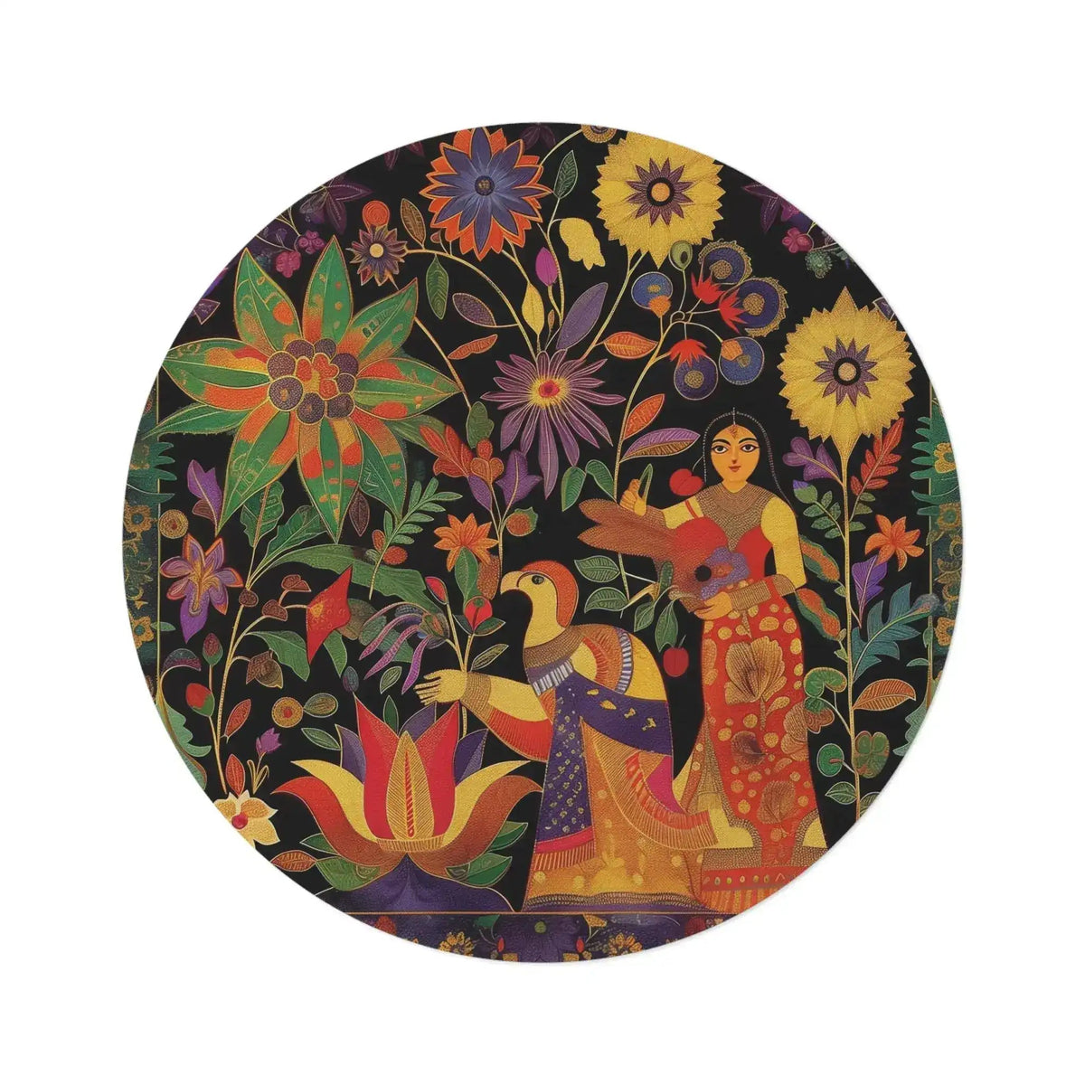Lovers in Bloom Boho Persian Garden round rug flat view: dark navy background with folk-art woman, peacock, and vivid multicolor blooms