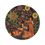 Lovers in Bloom Boho Persian Garden round rug flat view: dark navy background with folk-art woman, peacock, and vivid multicolor blooms