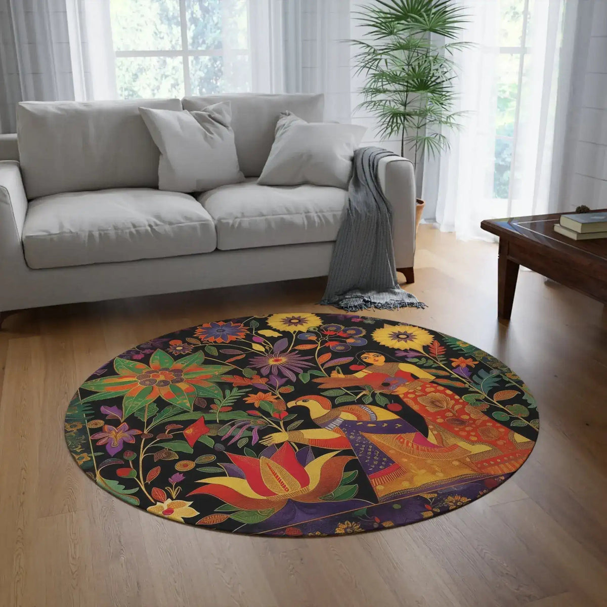 Lovers in Bloom Boho Persian Garden round rug in bright living room with gray sofa, wood floor and natural light