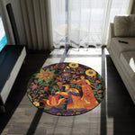 Lovers in Bloom Boho Persian Garden round rug in dark living room near TV and sofa, vibrant floral pattern visible on floor