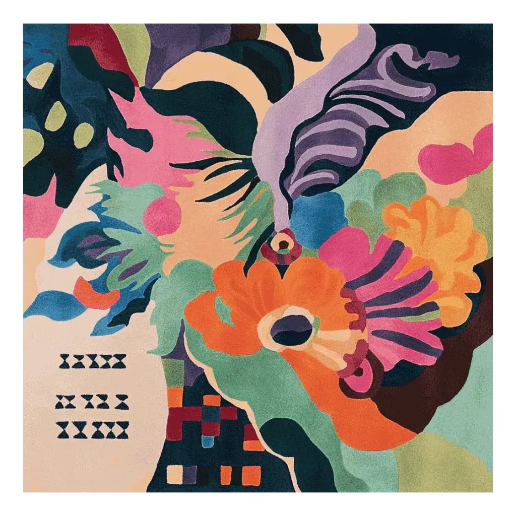 Vibrant Lucid Abstract Dream Hand Tufted Area Rug showcasing a colorful and contemporary design. This square area rug is perfect for adding a pop of color to living room spaces, measuring 8x10. Made from quality wool, this modern rug features an abstract pattern with bold floral and geometric shapes, ideal for those seeking unique area rugs for their living room.