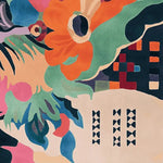 Top view of a vibrant, hand-tufted area rug featuring an abstract design with bold colors and floral patterns. This contemporary square area rug is perfect for adding a splash of color to living rooms, particularly as an 8x10 wool rug centerpiece. Ideal for those seeking unique area rugs for living room decoration.