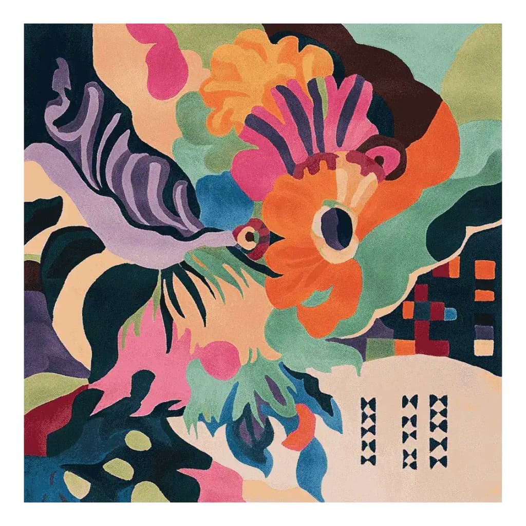 A vibrant Lucid Abstract Dream Hand Tufted Area Rug featuring a colorful, contemporary design. This square area rug showcases a mix of bold patterns and hues, making it an ideal centerpiece for living rooms. Crafted from high-quality wool, this 8x10 rug combines artistry and comfort, perfect for modern home decor.