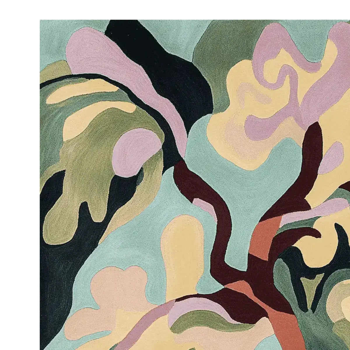 Vibrant abstract design of the Lucid Garden Hand Tufted Area Rug, showcasing a contemporary mix of pastel and earthy tones. This wool rug is perfect for adding a modern touch to living rooms, especially in an 8x10 size.