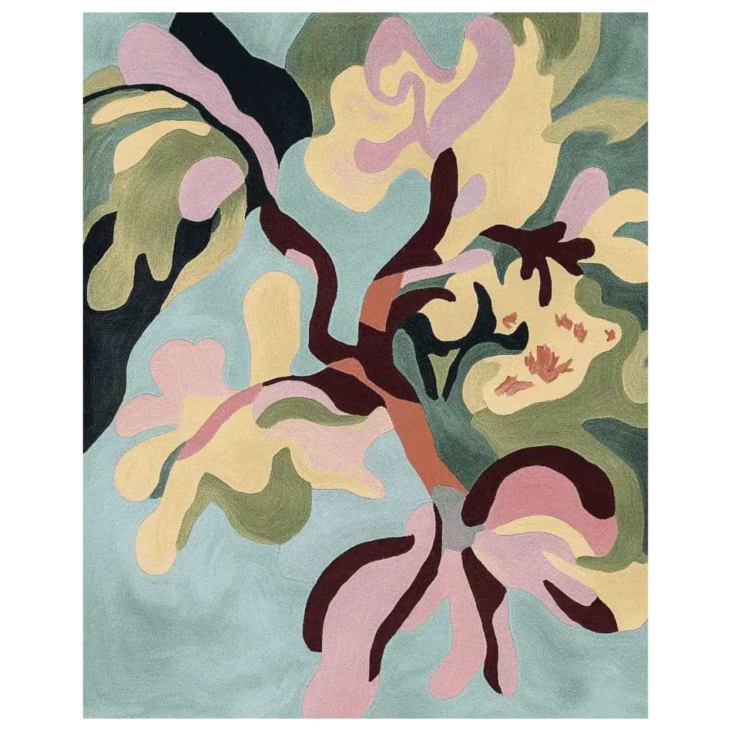 Lucid Garden Hand Tufted Area Rug featuring an abstract design with vibrant colors like green, yellow, pink, and black. This contemporary wool rug adds a splash of artistic flair, ideal for living rooms. Available in 8x10 size, it enhances your space with modern elegance.