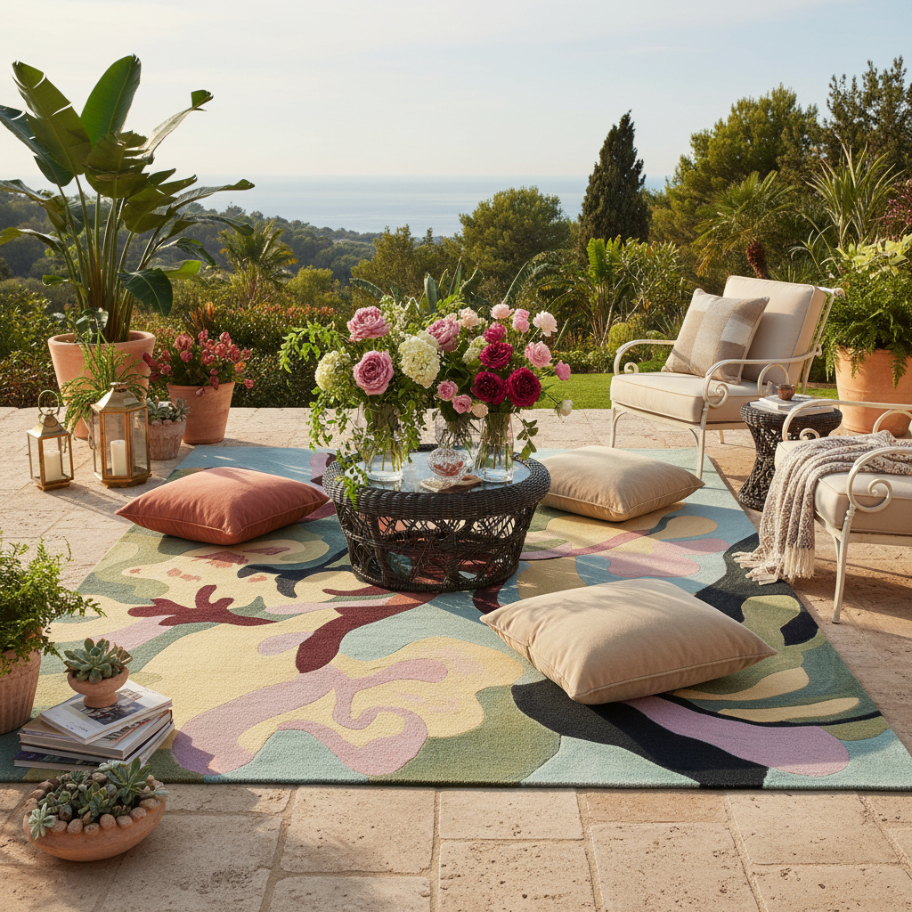 Outdoor patio with colorful rug, flowers, and furniture