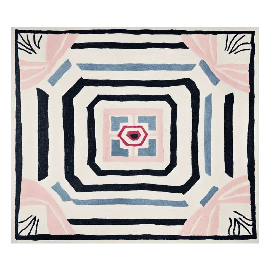Top view of the Lucid Growth Totem Hand Tufted Rug, a contemporary area rug featuring a bold geometric pattern. This wool rug showcases contrasting colors with intricate shapes, making it a striking addition to any living room decor.