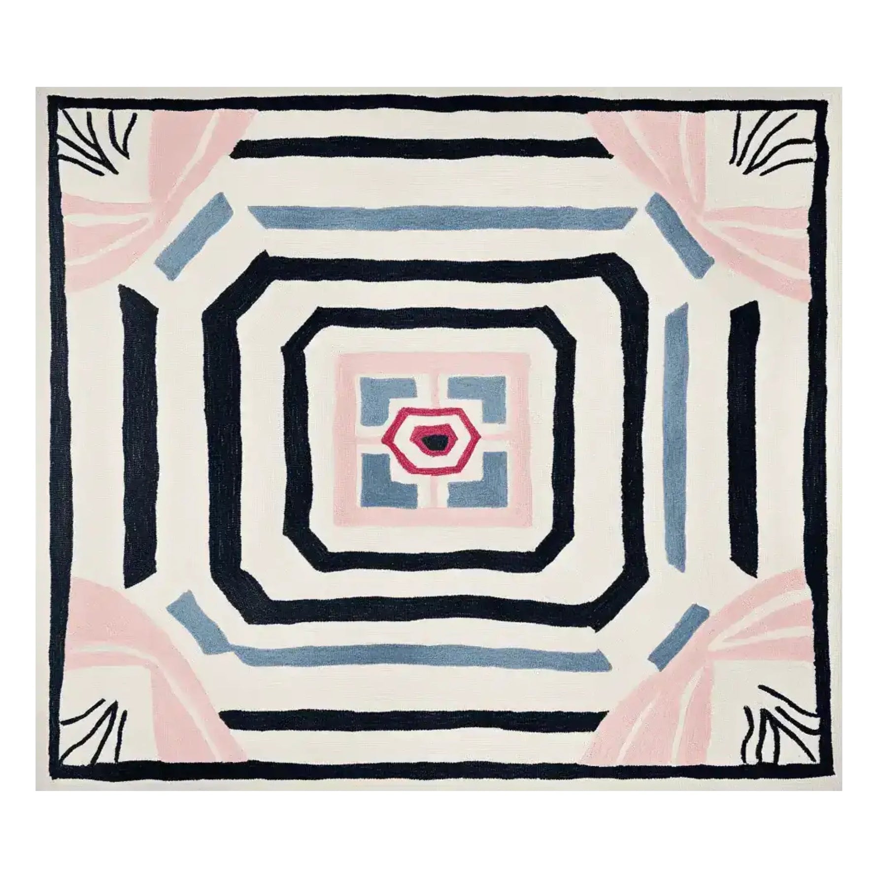 Top view of the Lucid Growth Totem Hand Tufted Rug, a contemporary area rug featuring a bold geometric pattern. This wool rug showcases contrasting colors with intricate shapes, making it a striking addition to any living room decor.
