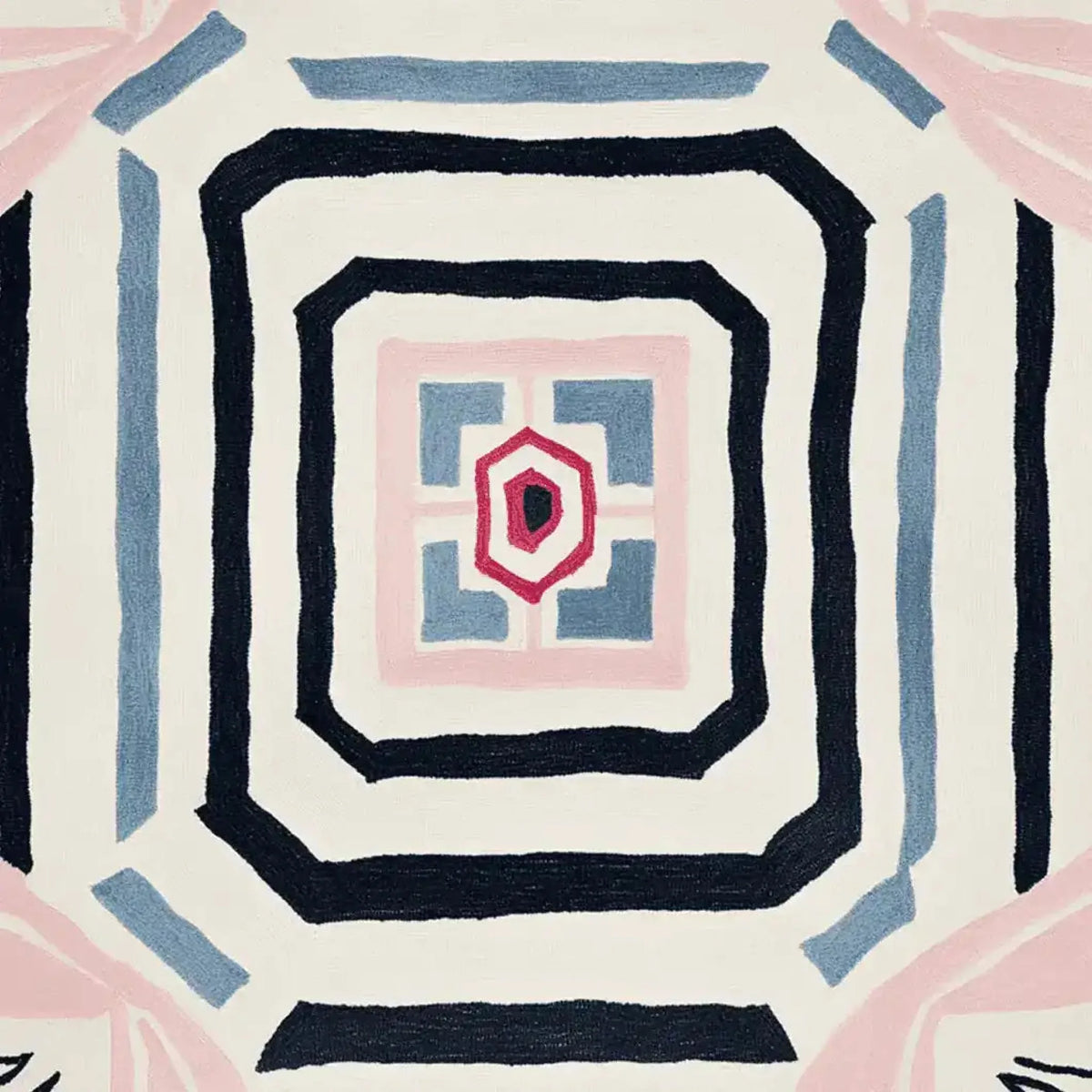 Top view of a Lucid Growth Totem Hand Tufted Rug, showcasing an abstract geometric design with concentric shapes in black, blue, and pink. This contemporary area rug, made from high-quality wool, is perfect for adding a modern touch to living room decor.