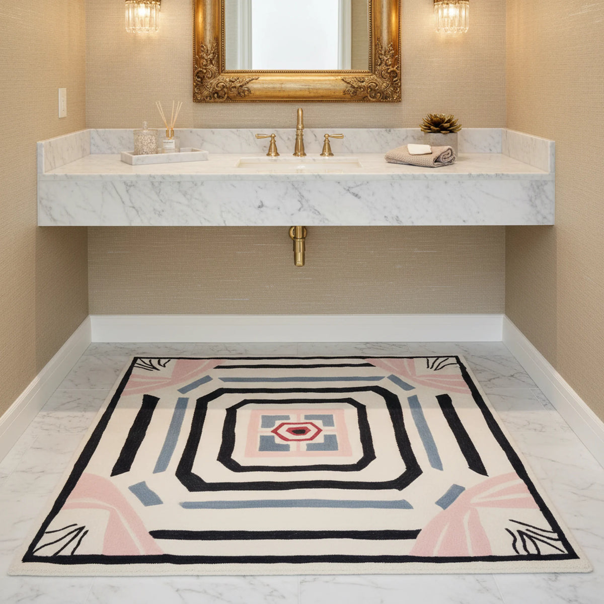Bathroom with a decorative rug on the floor, featuring geometric patterns.