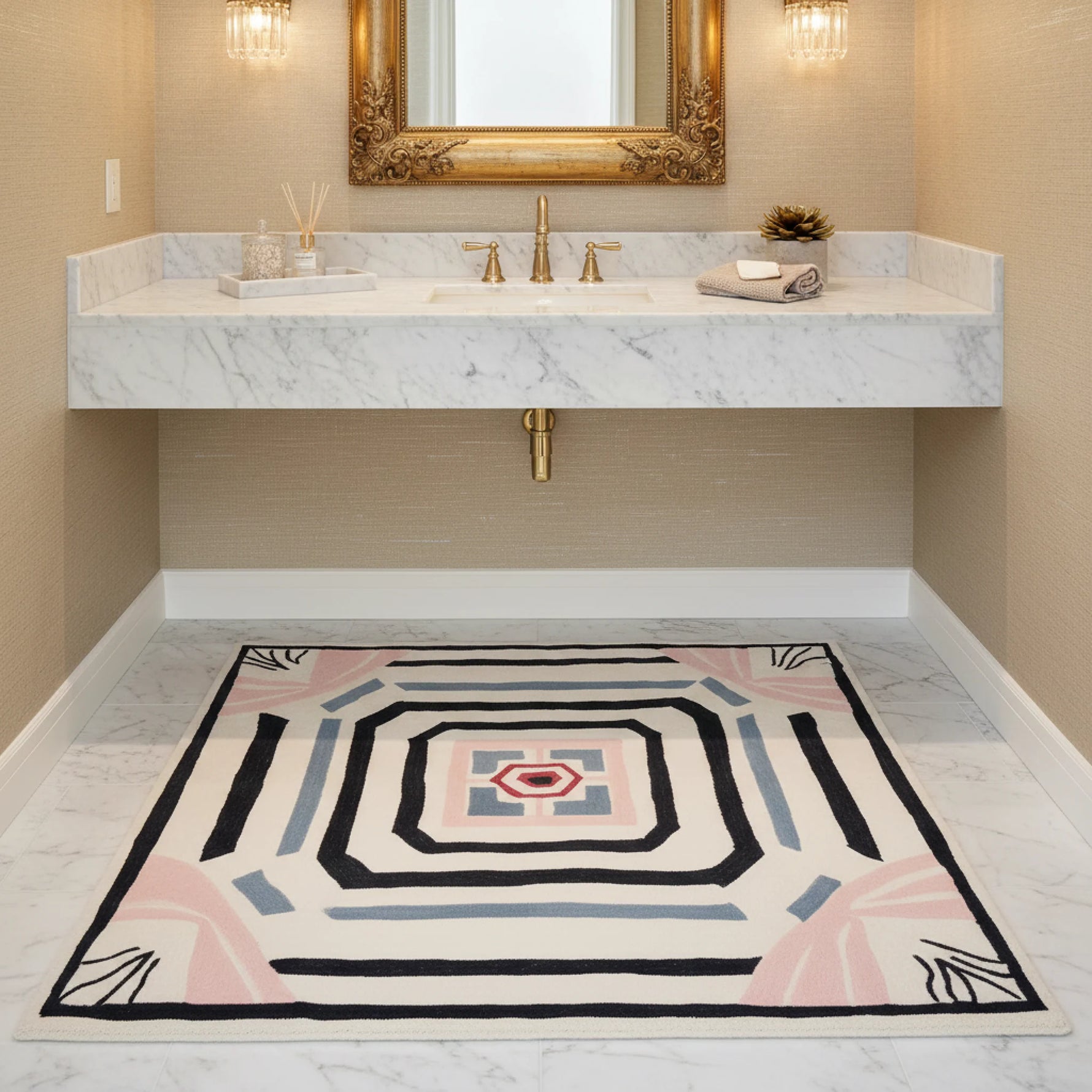 Bathroom with a decorative rug on the floor, featuring geometric patterns.