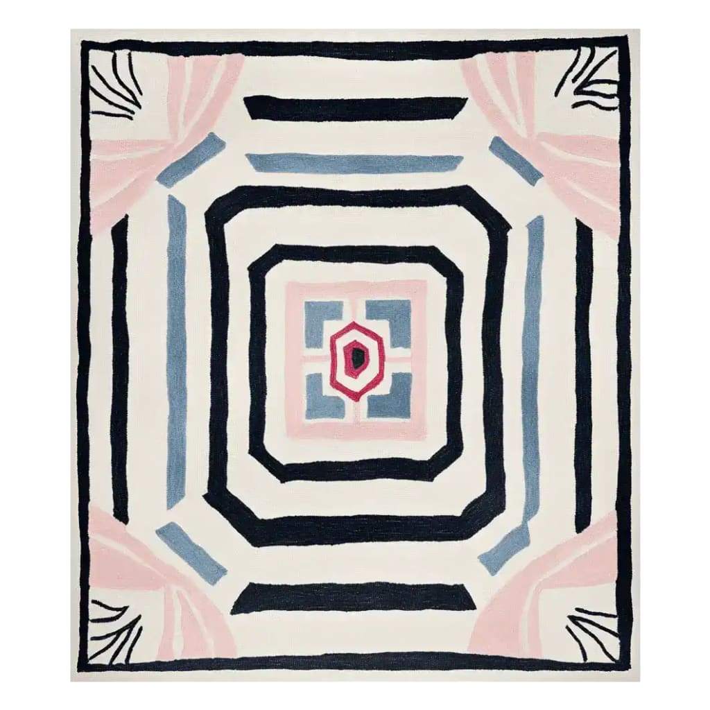 Lucid Growth Totem Hand Tufted Area Rug featuring a striking geometric pattern with concentric squares in navy, pink, and blue. This contemporary wool rug is perfect for adding a modern touch to any living room.
