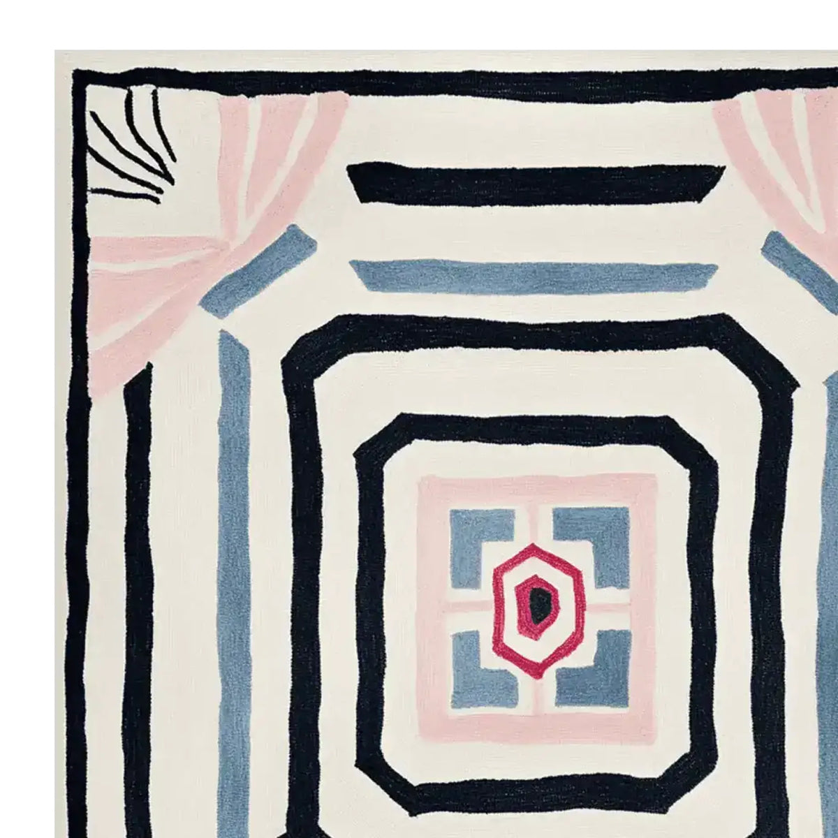 Top view of the Lucid Growth Totem Hand Tufted Area Rug, showcasing its bold abstract design in black, blue, pink, and cream colors. This contemporary wool rug offers a unique centerpiece for area rugs in living rooms.