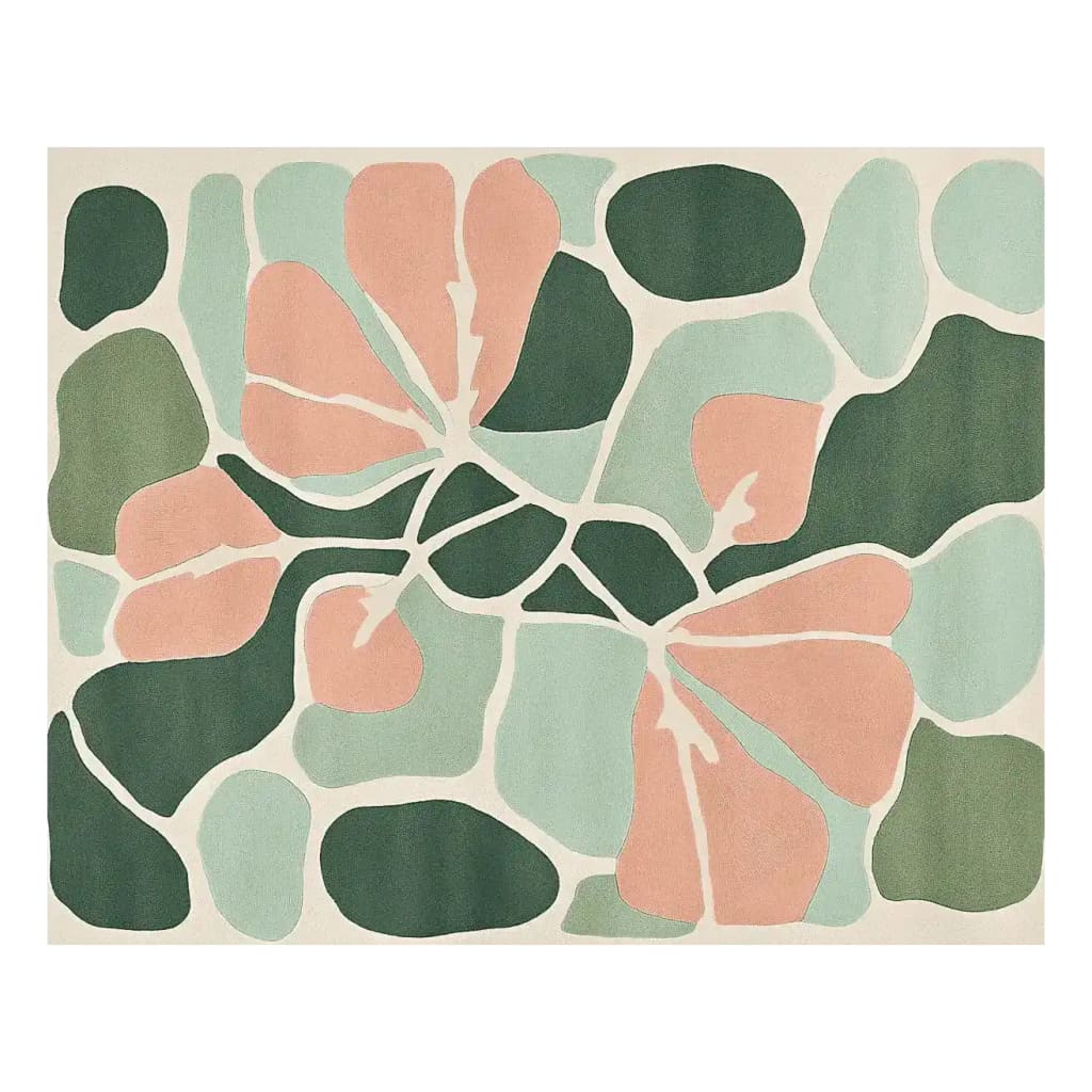 The Lucid Meadow Hand Tufted Rug showcases an abstract design in shades of green, pink, and cream, perfect for adding a touch of modern elegance to any living space. This contemporary wool area rug, measuring 8x10, is ideal for large living rooms seeking a stylish centerpiece.