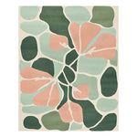 The Lucid Meadow Hand Tufted Rug features a modern abstract design with soft pastel hues of pink, green, and mint, perfect as an area rug for contemporary living spaces. This wool rug offers a stylish touch to large living rooms, available in an 8x10 size.
