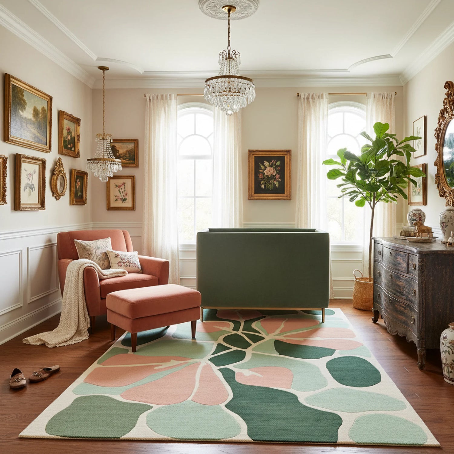Living room with a floral rug, armchair, ottoman, and decorative elements.
