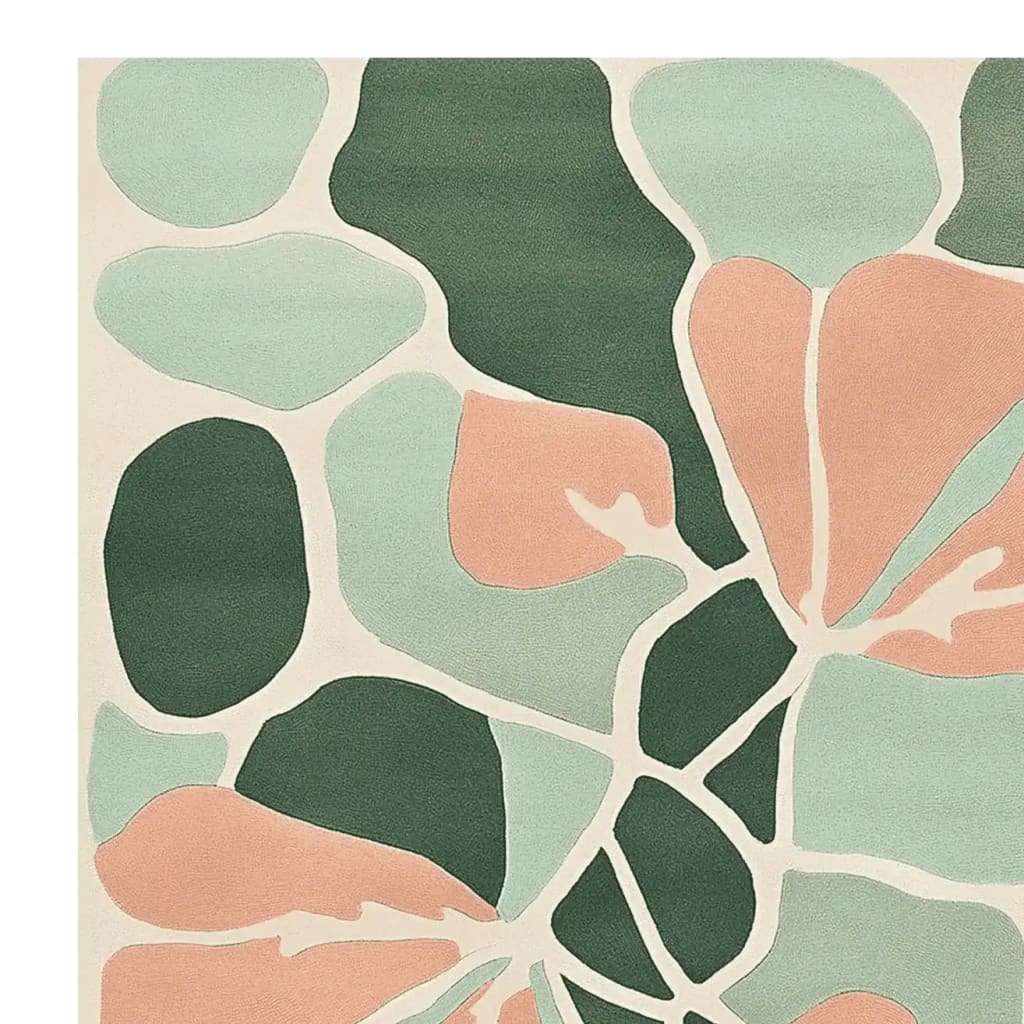 The Lucid Meadow Hand Tufted Rug showcases an abstract design with soft green and peach tones, perfect for adding a touch of contemporary flair to your living space. This wool rug is ideal as a large living room area rug, sized 8x10, and combines style with comfort.