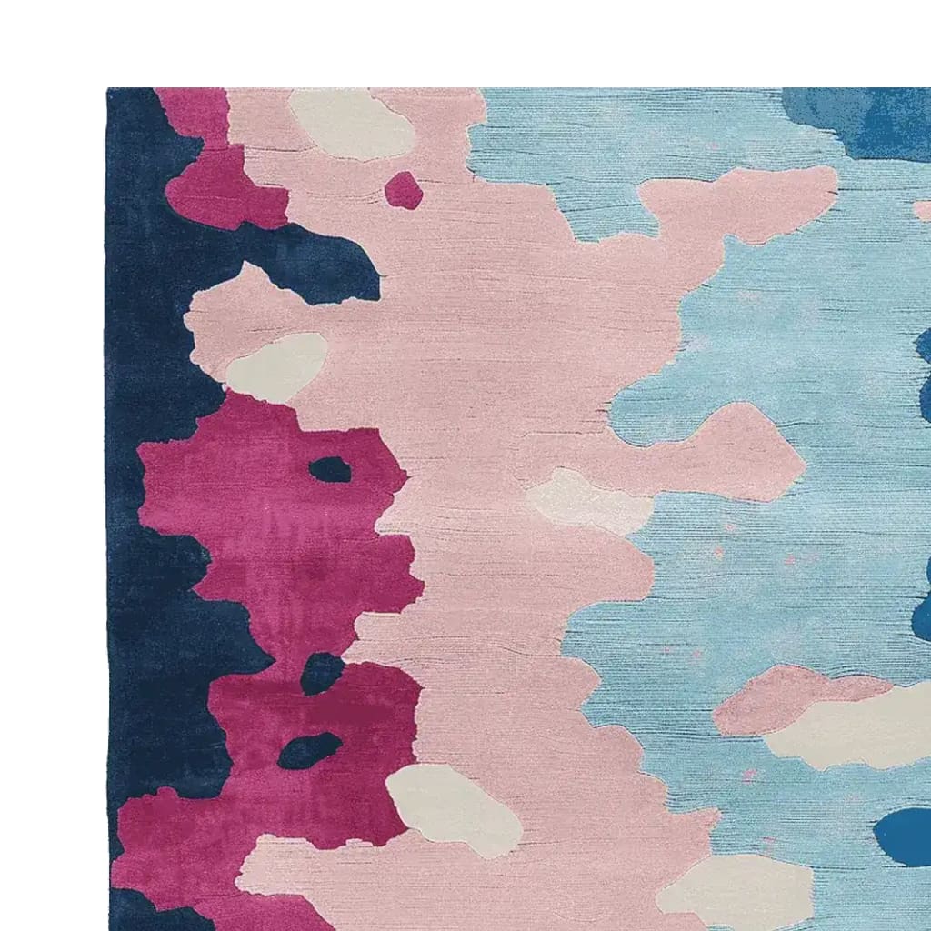 Top view of the Lucid Water Vibe Hand Tufted Rug, an area rug with a contemporary abstract design featuring vibrant shades of pink, blue, and cream. This wool rug is perfect for adding a splash of color to your living room. Ideal for living room rugs in 8x10 dimensions.