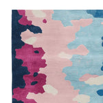 Top view of the Lucid Water Vibe Hand Tufted Rug, an area rug with a contemporary abstract design featuring vibrant shades of pink, blue, and cream. This wool rug is perfect for adding a splash of color to your living room. Ideal for living room rugs in 8x10 dimensions.