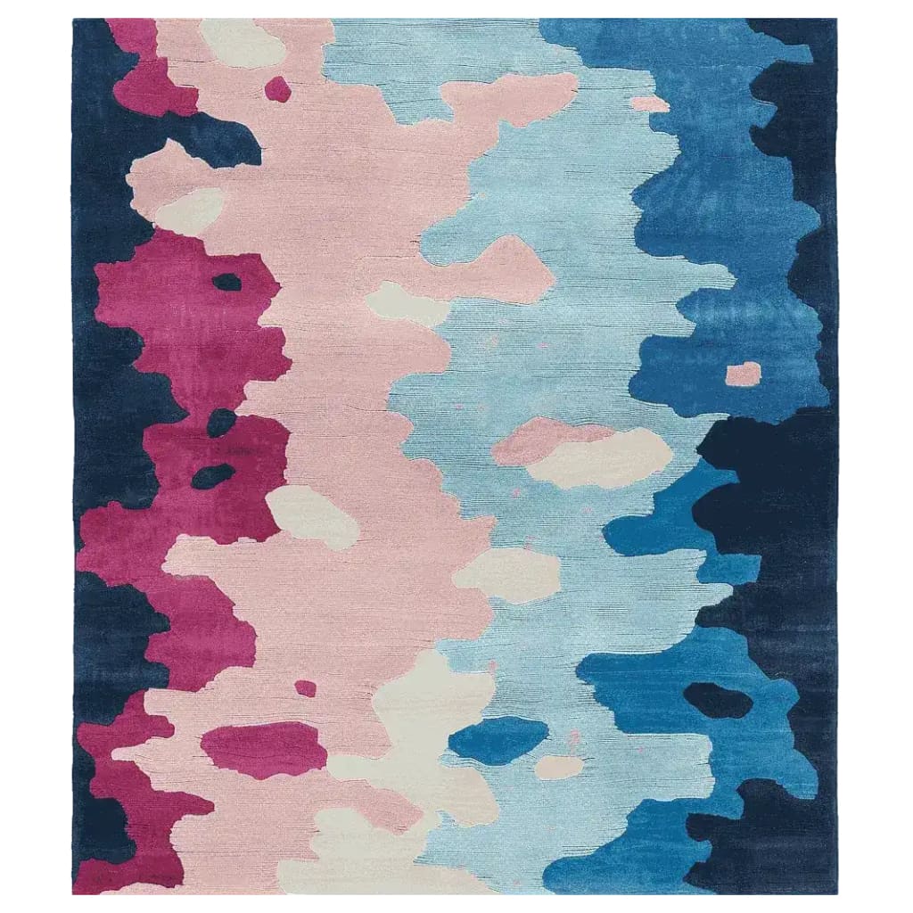 The Lucid Water Vibe Hand Tufted Rug showcases a captivating abstract design with a blend of navy, pink, and blue hues. This contemporary area rug, crafted from high-quality wool, is perfect for adding a modern touch to any living room. Its 8x10 size makes it an ideal choice for spacious areas, enhancing the aesthetic appeal of your home decor.