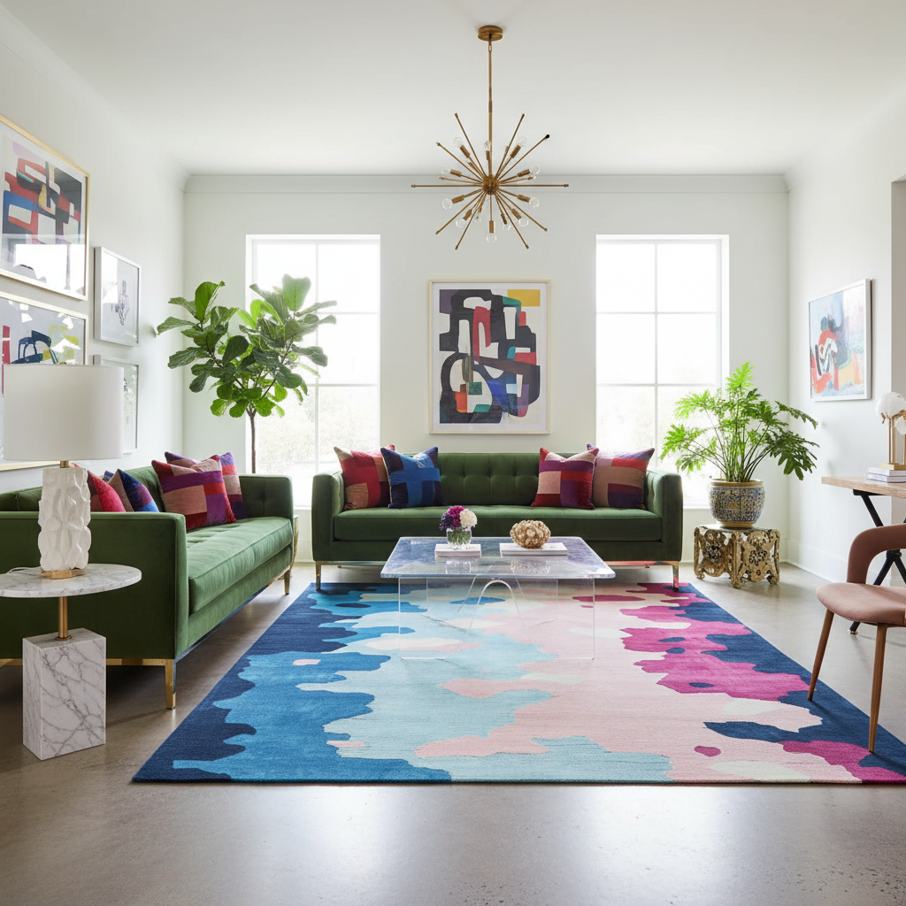 Modern living room with green sofas, colorful rug, and abstract art.