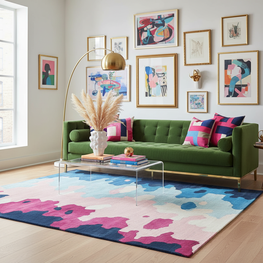 Modern living room with a green sofa, colorful rug, and abstract art on the wall.