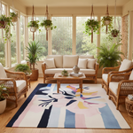 Living room with wicker furniture, a colorful rug, and hanging plants.