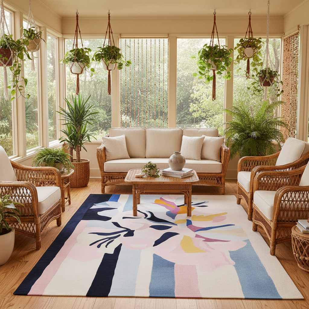 Living room with wicker furniture, a colorful rug, and hanging plants.