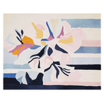 A vibrant area rug featuring an abstract floral design with bold colors like pink, blue, and yellow on a striped background. This contemporary wool rug is perfect for large living room spaces, adding a touch of elegance and style.