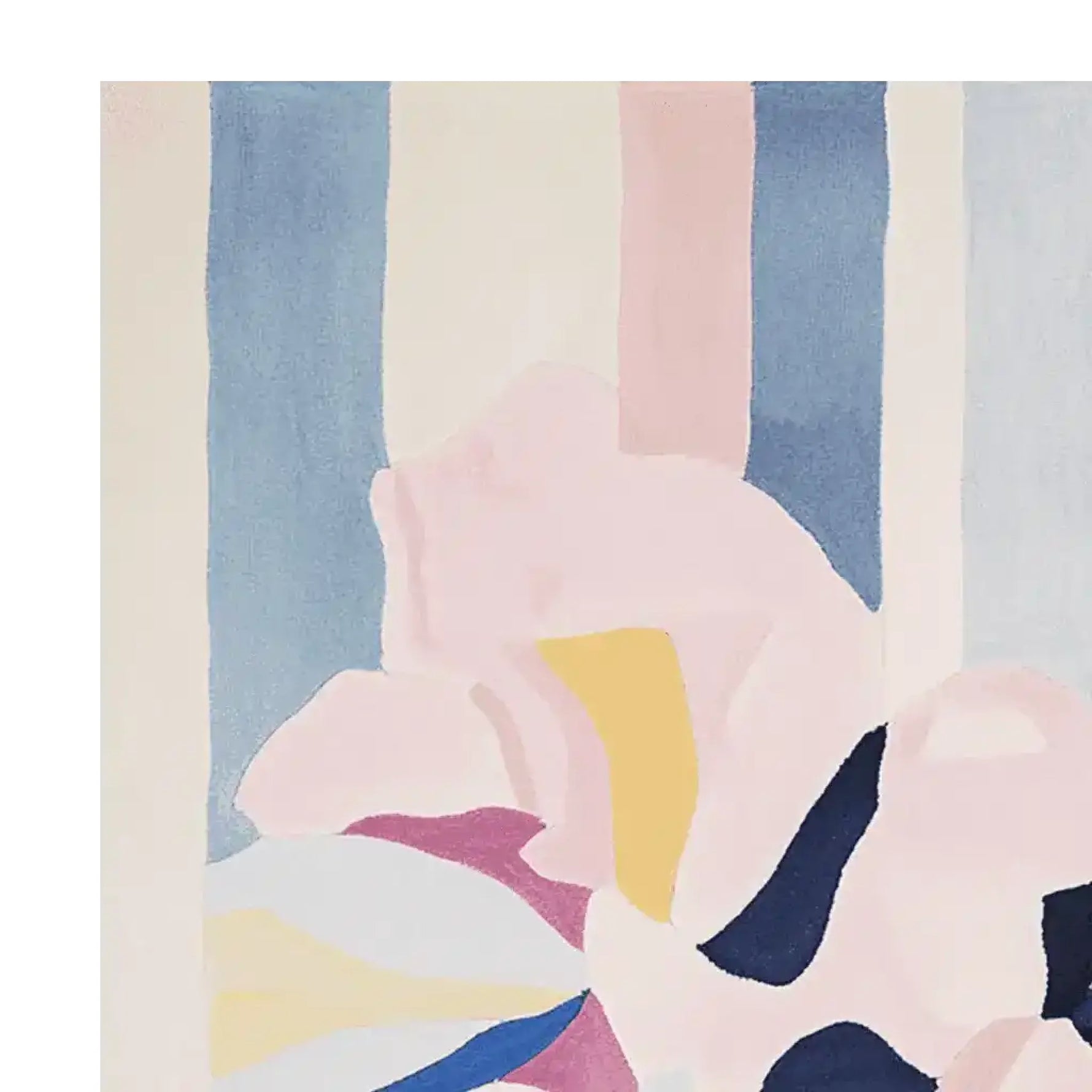 Top view of the Luminous Bloom Flow Hand Tufted Rug featuring a contemporary design with soft pastel colors. This wool area rug showcases an abstract floral pattern ideal for adding a modern touch to large living rooms. Perfect for those seeking stylish area rugs for the living room.