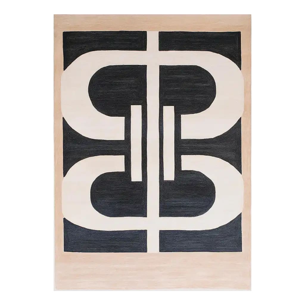 Top view of the Lunar Cascade Knotted Wool Rug, featuring a bold geometric design in black and beige tones. This contemporary area rug is perfect for enhancing modern living rooms with its stylish pattern and soft wool texture.