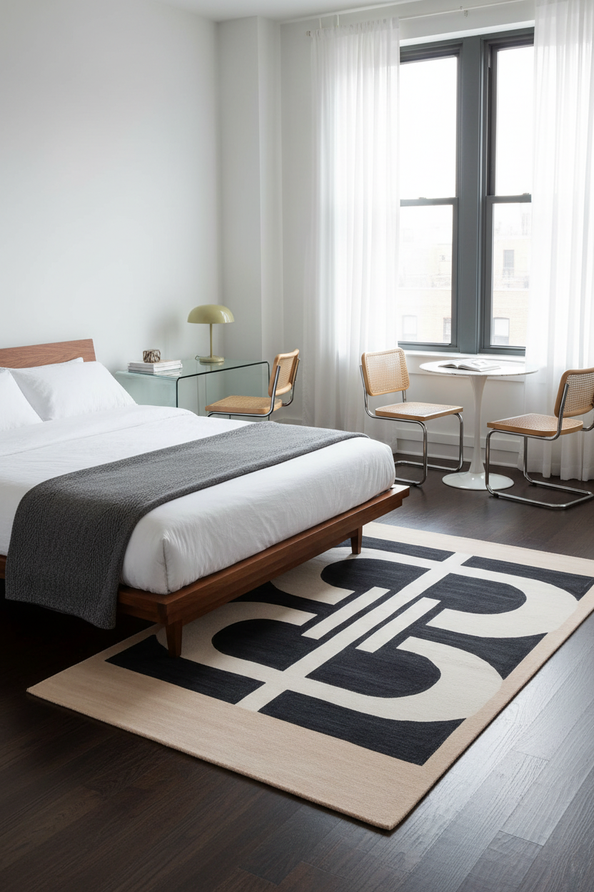Modern bedroom with a bed, rug, and chairs near a window.
