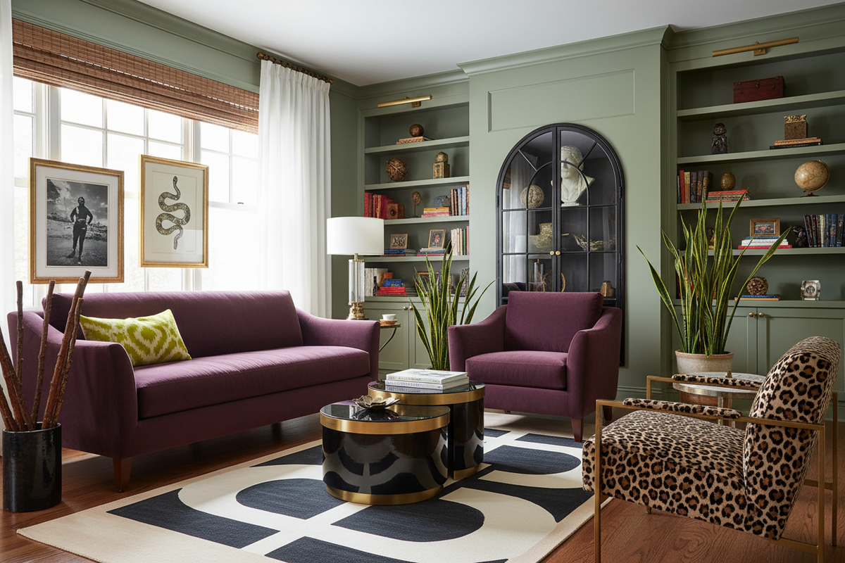 Modern living room with purple sofa, rug, armchair, and bookshelves.