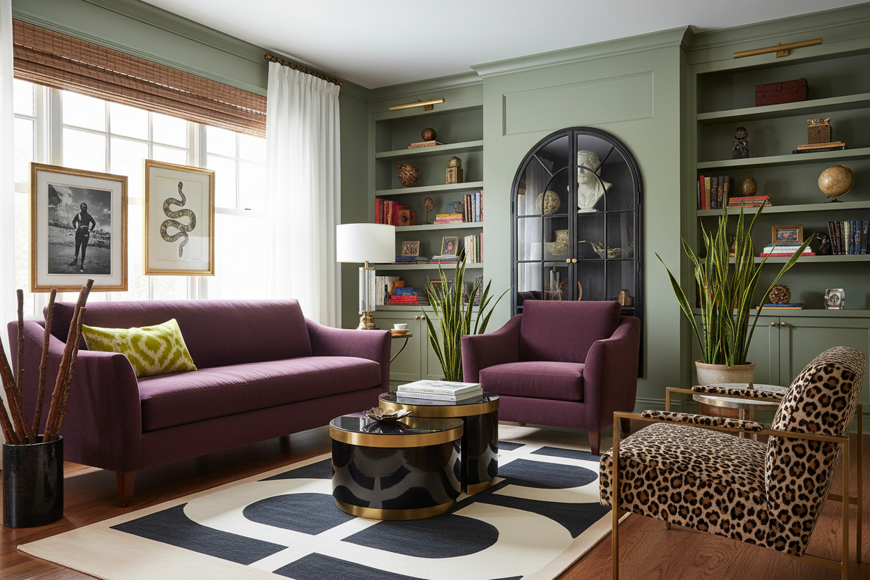 Modern living room with purple sofa, rug, armchair, and bookshelves.