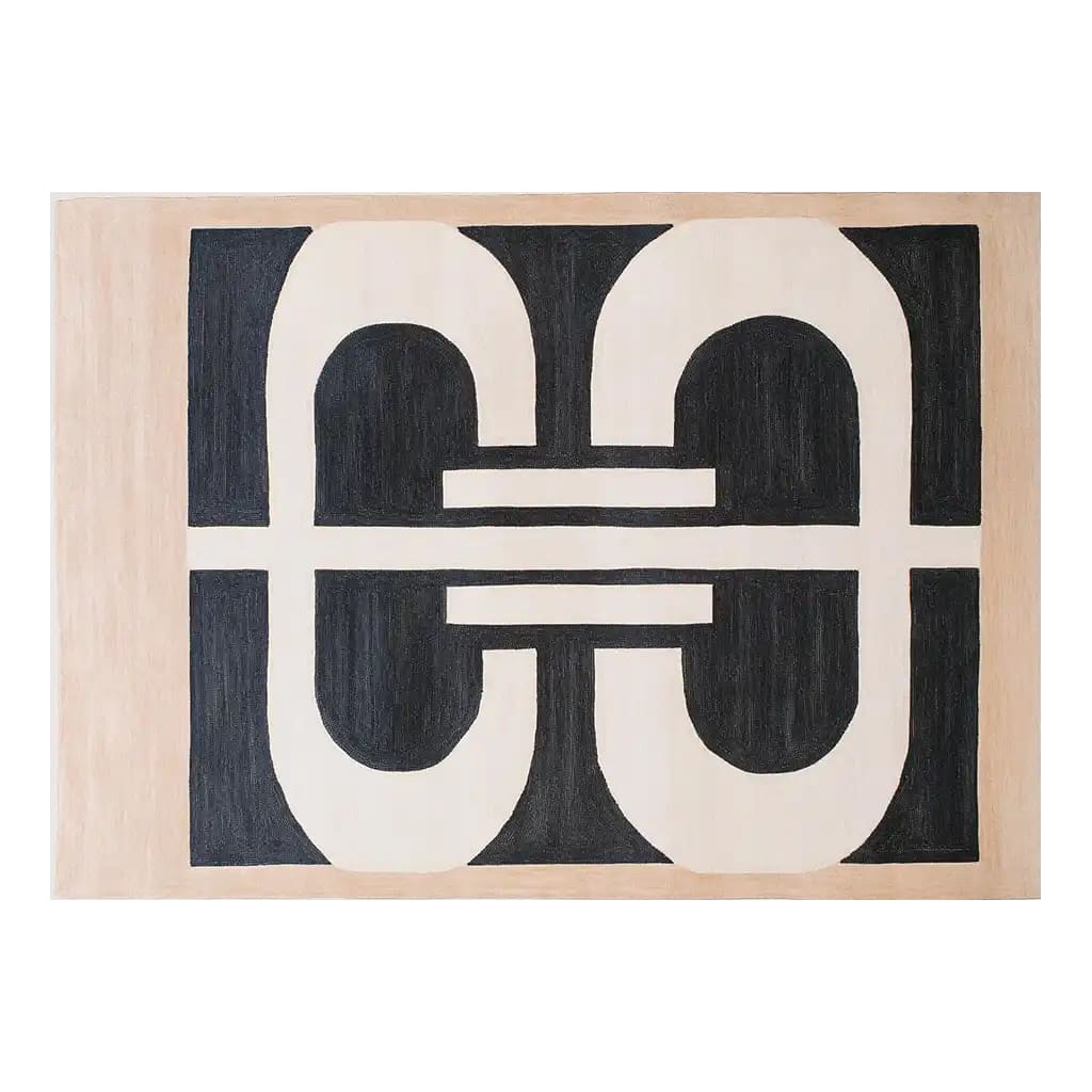 The Lunar Cascade Knotted Wool Rug showcases a bold, contemporary design with interlocking black and cream geometric patterns, perfect as an area rug for modern living rooms. This wool rug adds a stylish touch to any space, making it an ideal choice for those seeking contemporary rugs for their living room area.