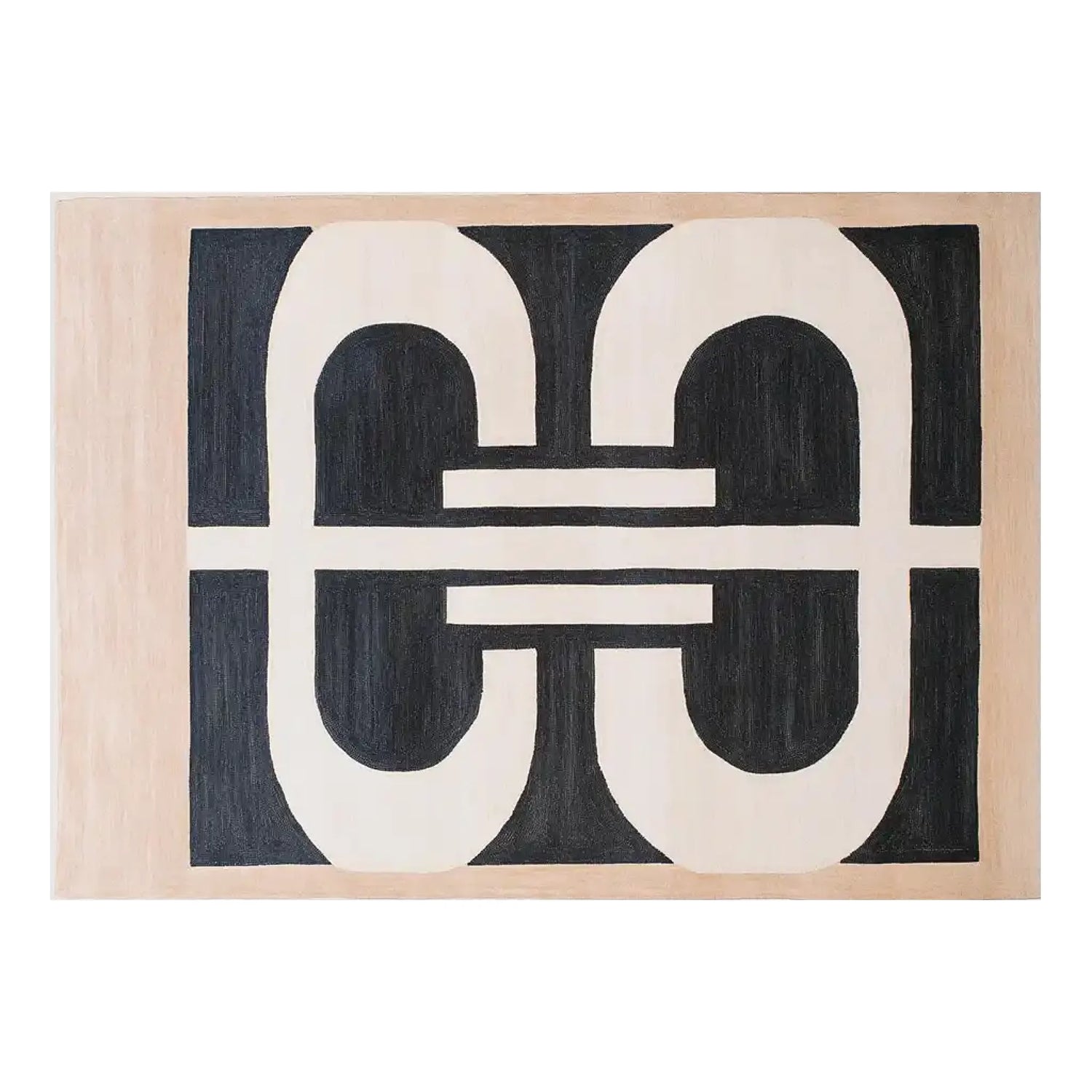 The Lunar Cascade Knotted Wool Rug showcases a bold, contemporary design with interlocking black and cream geometric patterns, perfect as an area rug for modern living rooms. This wool rug adds a stylish touch to any space, making it an ideal choice for those seeking contemporary rugs for their living room area.